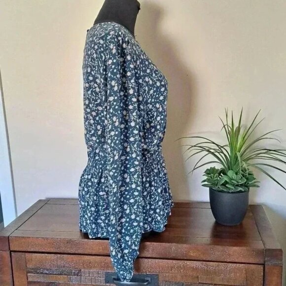 Banana Republic Floral Long Sleeve Elastic Waist Peplum Top Blue Blouse M - Picture 6 of 12